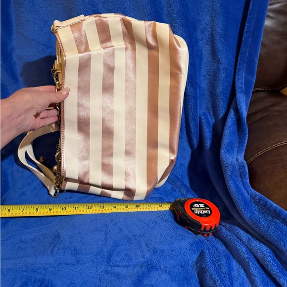 Betsey Johnson Rose Gold and White Striped Shoulder Tote with Charm - Picture 7 of 11
